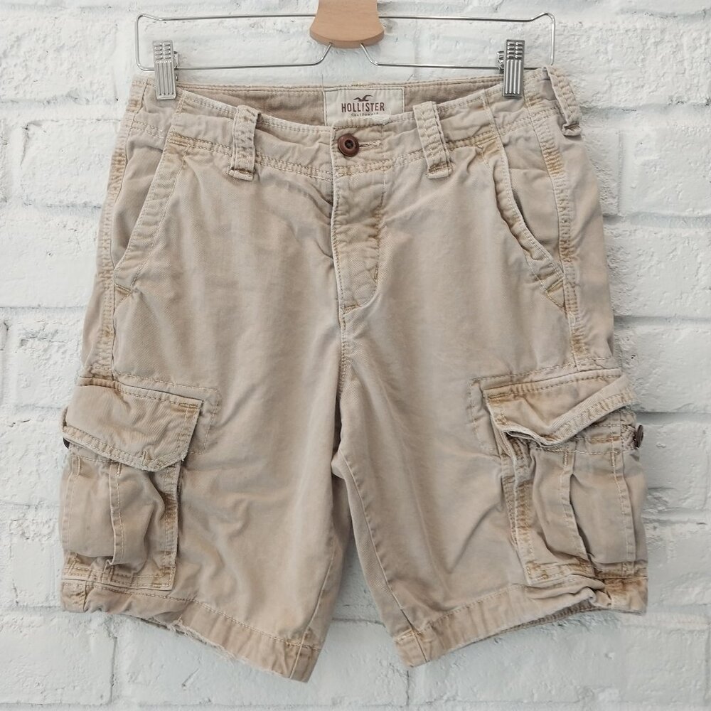Hollister Shorts Mens 28 Beige Tan Heavyweight Cargo Utility Combat Distressed.